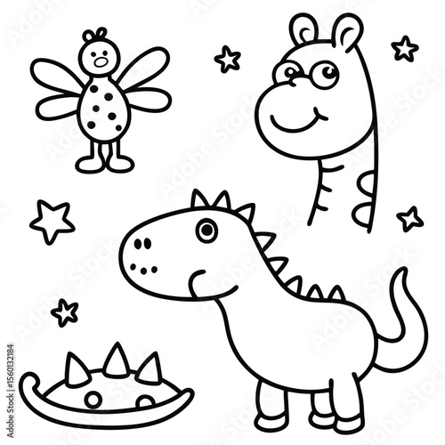 Black and white illustration of a dinosaur giraffe and fairy stars
