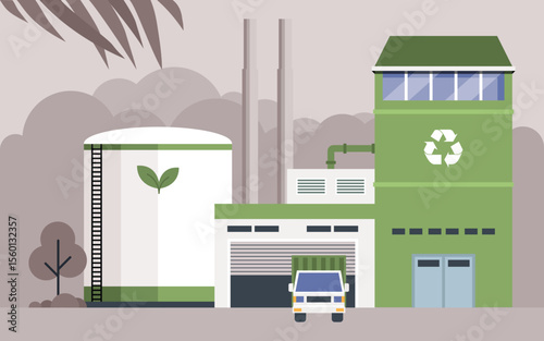Flat vector illustration of eco-friendly factory with green energy facilities, recycling bins, and a plant sprouting from a building symbolizing environmental sustainability