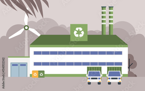 Flat vector illustration of eco-friendly factory with green energy facilities, recycling bins, and wind turbines symbolizing environmental sustainability