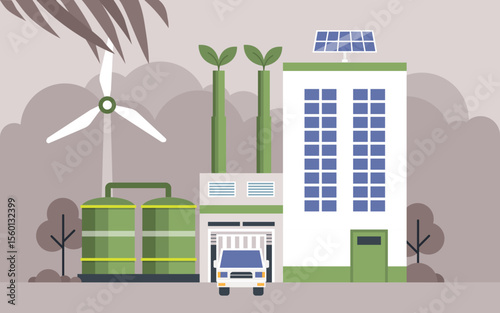 Flat vector illustration of eco-friendly factory with green energy facilities, recycling bins, wind turbines and solar panel symbolizing environmental sustainability