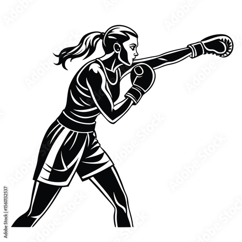Female Boxer Silhouette: Powerful Punch, Athletic Woman, Boxing Sport Graphic