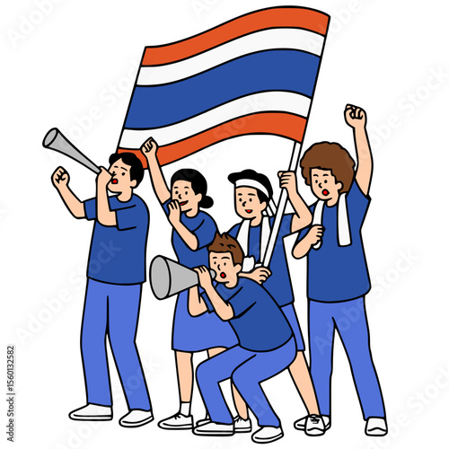 Enthusiastic cartoon illustration of a diverse group of Thai supporters cheering loudly, holding the national flag and megaphones. T