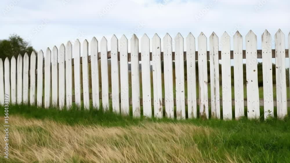 Rustic white wooden picket fence with aged paint and grassy field providing a traditional, rural boundary and enclosure under cloudy sky Rustic white wooden picket fence with aged paint and grassy field providing a traditional, rural boundary and enclosure under cloudy sky