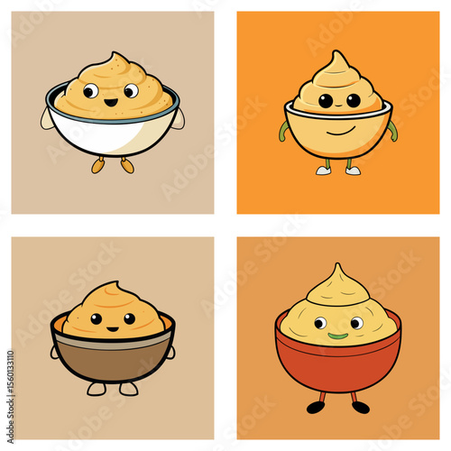 Four cartoon bowls of food with faces and limbs on different colored backgrounds shown together