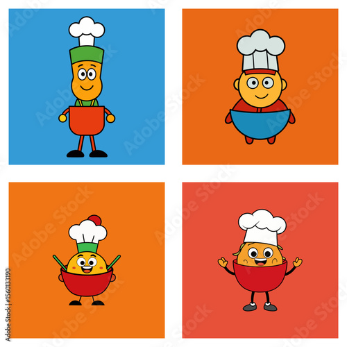 Cartoon chefs in pots on colorful backgrounds arranged in a square grid illustration style image
