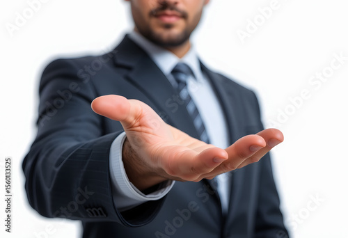 A businessman with an open palm, offering or presenting something unseen, isolated on a white background.