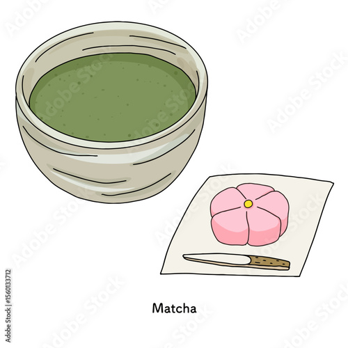 抹茶と練り切りの線画　手描きのイラスト