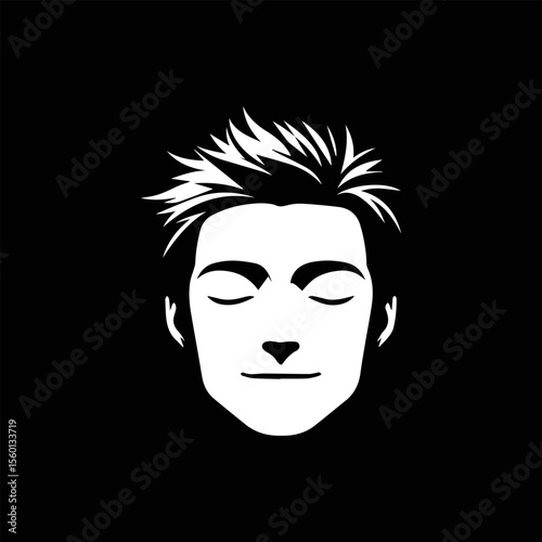 A white stylized portrait of a man's face with closed eyes and spiky hair, set against a black background.