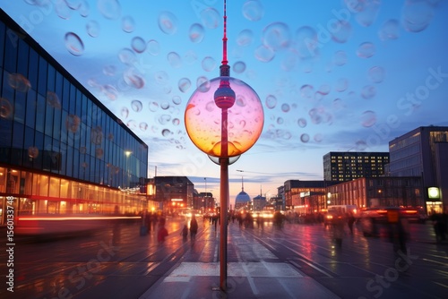Soap bubbles floating above potsdamer platz in berlin at dusk, with the tv tower in the background and blurred people walking