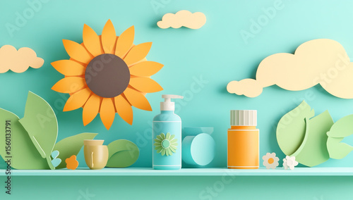 3D paper cut icon sunflower, hair care jar on shelf