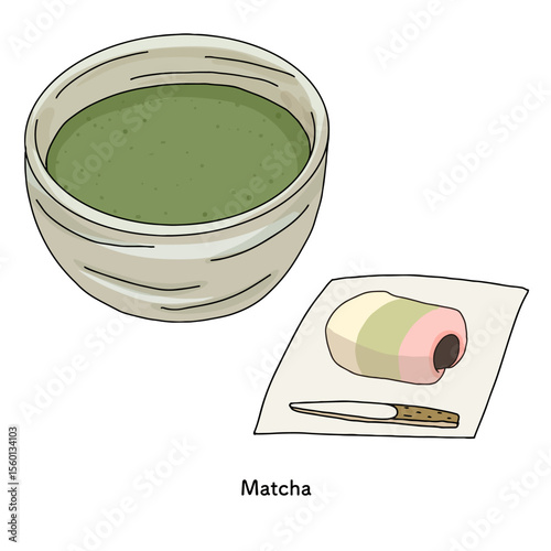 抹茶と練り切りの線画　手描きのイラスト