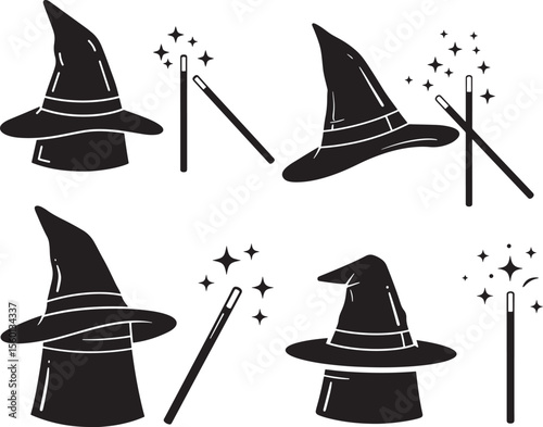 wizard or magician hat and magic wand icon silhouette vector set