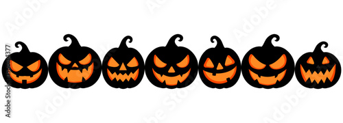Halloween Pumpkins with Spooky Faces in a Row. Pumpkins on white background. Vector  illustration.