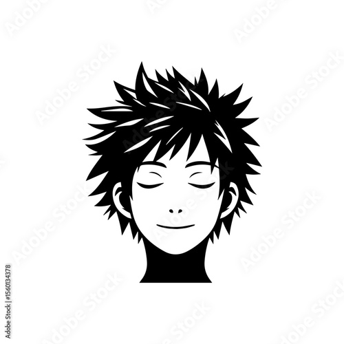 Stylized illustration of a young man's face with spiky hair, eyes closed, and a slight smile.