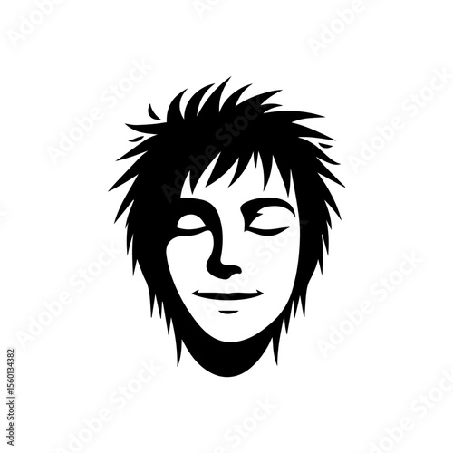 Black and white graphic of a person's face with spiky hair and closed eyes.