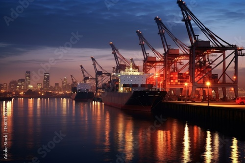 Cargo ships are loading and unloading containers at a bustling commercial port at night, with the city skyline visible in the distance