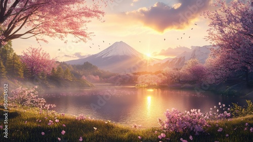 Serene lake view with cherry blossoms and mountain at sunset with birds flying in the sky