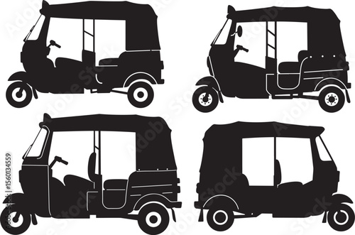  three wheel auto motor rickshaw icon silhouette vector set 