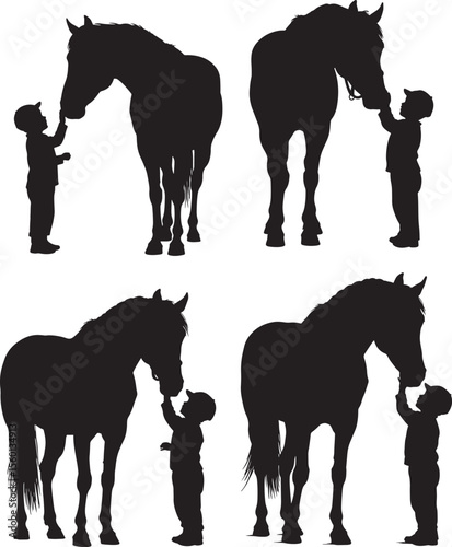 ilhouette of a little boy with horse vector art illustration 