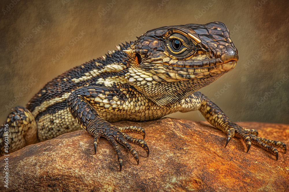 Fototapeta premium Lizard Basking on a Sunbaked Rock, Showcasing Intricate Patterns and Vibrant Colors