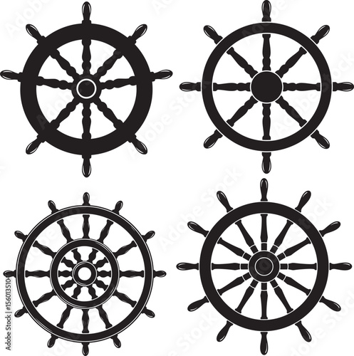 Ship wheel icon silhouette vector set
