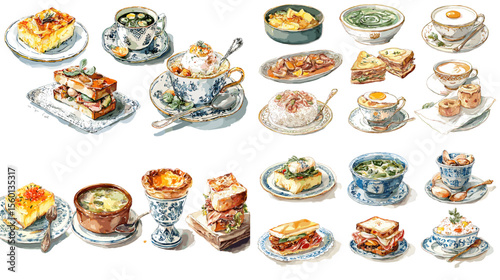 Watercolor illustrations of cheesy European meals, soups, and baked dishes served in porcelain bowls and vintage tableware, ideal for comfort food concepts.

