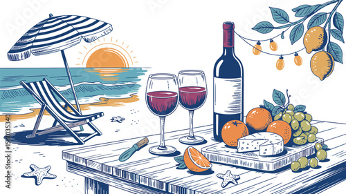 Beach picnic with wine and cheese illustration summer vacation seaside getaway drawing vector graphic