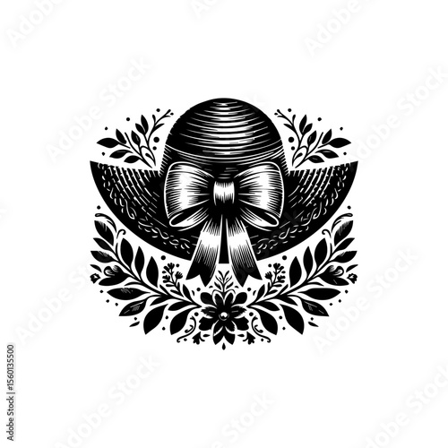 A black and white illustration of a sun hat with a large bow and floral embellishments.