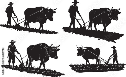 farmer plowing cow in the field icon silhouette vector set