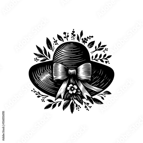 Vintage style illustration of a woman's hat adorned with a ribbon bow and floral embellishments.