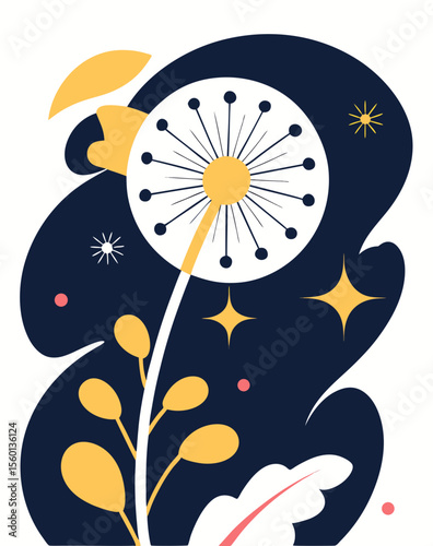 vector of a dandelion puff with white seed head and stalk, airy and light details, isolated on white background
