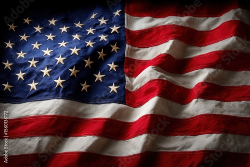 A fabric American flag with stars and stripes gently waving in an unseen breeze