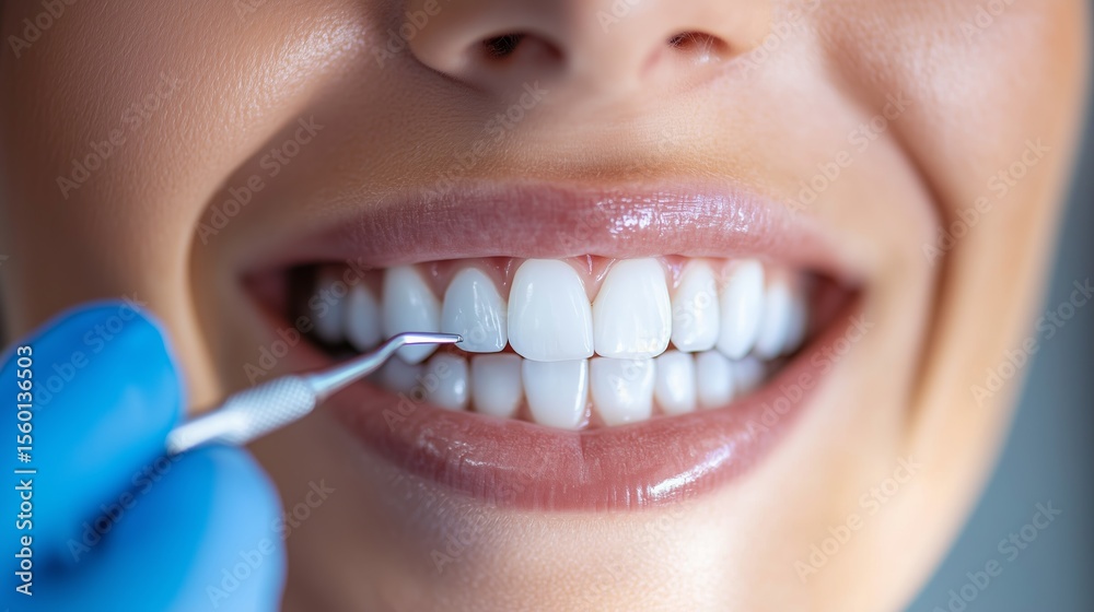 Fototapeta premium Dental professional examines a patient's teeth during a routine check-up in a bright clinic environment