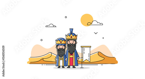 A Cartoon Illustration of Three Wise Men in the Desert Environment