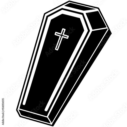 Classic Coffin Line Art with Cross – Minimal Black Vector on White
