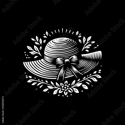 Elegant sunhat illustration with a bow, surrounded by floral and leaf elements, in a vintage engraved style.
