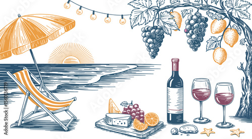 Beach picnic with wine and cheese illustration, summer vacation vector drawing, seaside getaway concept