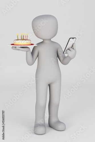 A white man stands against a plain background, holding a birthday cake with candles on a plate in one hand and a smartphone in the other. He looks at the phone, celebrating
