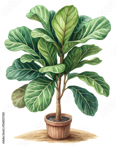 vector of a fiddle leaf fig plant with broad, veined green leaves and woody stem, isolated on white background
