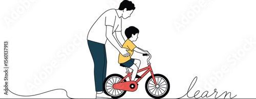 Father teaching son to ride bike vector illustration, learning to cycle with dad, family time and support
