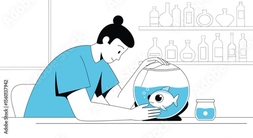 A Person Taking Care of a Fish Inside a Fishbowl on the Table