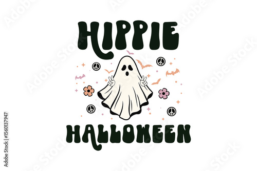  Hippie Halloween Retro Ghost with Peace Symbols Halloween T Shirt Design