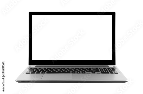 Modern Silver Laptop Computer with Blank White Screen Display, Keyboard, and Touchpad on a Clean Background for Technology and Business Applications isolated on white background