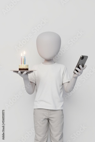 A white boy stands against a plain background, holding a birthday cake with candles on a plate in one hand and a smartphone in the other. He looks at the phone, celebrating