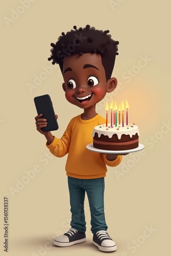A black boy stands on a solid background, holding a birthday cake with lit candles on a plate in one hand and a smartphone in the other. He looks at the phone, celebrating