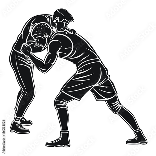 Wrestling Silhouette: Powerful Grapple Action, Sports Competition, Athletic Match, Male Wrestlers, Black and White Graphic