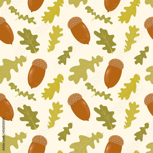Seamless pattern with acorns and oak leaves. Vector autumn background.