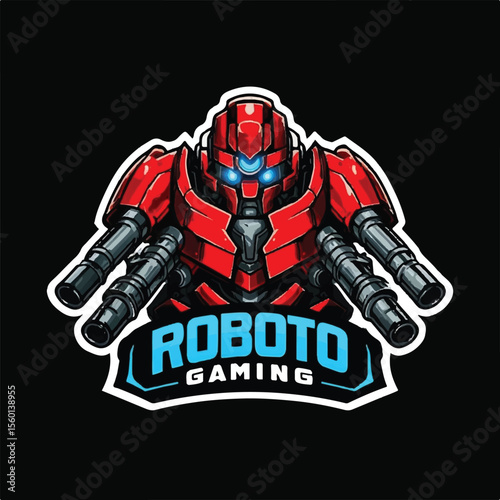 Futuristic Roboto Gaming Logo with Red Armored Robot and Cannons