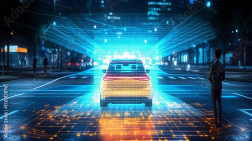 Autonomous vehicle on city street with overlaid data
