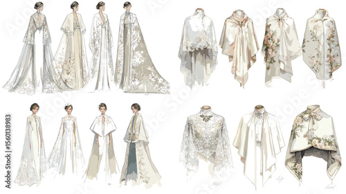Elegant watercolor fashion illustration of long gowns and embroidered capes with floral details, featuring front and back views of high-fashion female attire.

